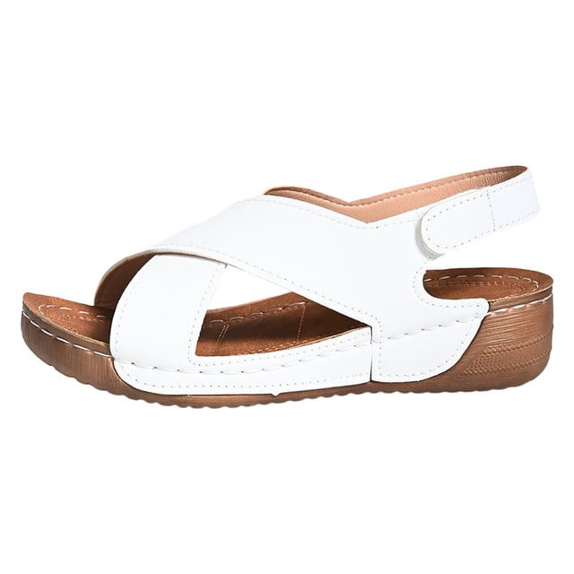 Bmisegm Sandales pour Femmes d'Été Rétro Unies en Cuir à Talon Compensé Épais à Semelle Épaisse Grande Pointure Sandales pour Femmes d'Été Blanc 9