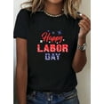 thumbnail image 1 of Black Short-Sleeve T-Shirt With Cotton Fabric, Happy Labor Day Print Letters With Stars, Casual Wear For Celebrations And Festivals, 1 of 5