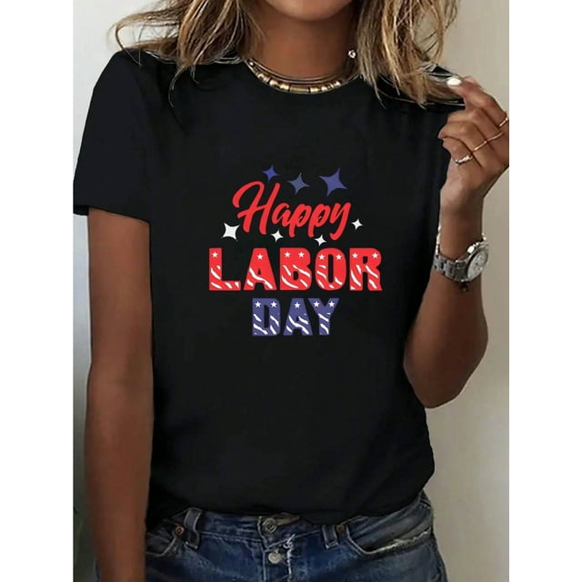 Black Short-Sleeve T-Shirt With Cotton Fabric, Happy Labor Day Print Letters With Stars, Casual Wear For Celebrations And Festivals
