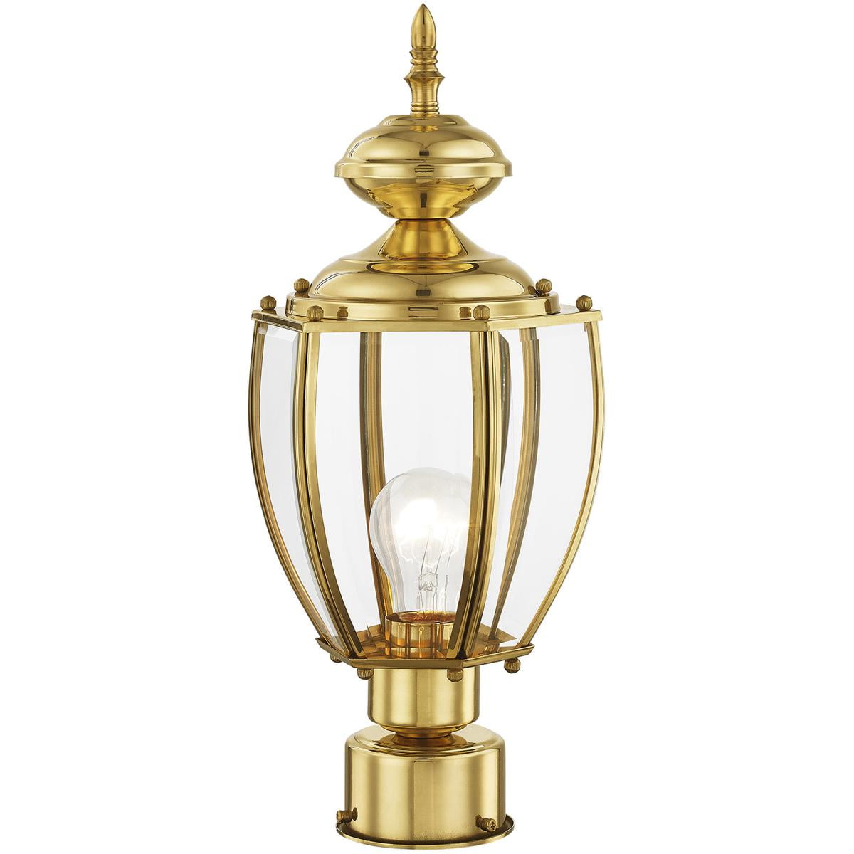 1 Light Polished Brass Outdoor Post Lantern Pendant Lighting Fixture with Clear Beveled Glass Shade backed with Solid Brass material for patio, front porch, entryway and more