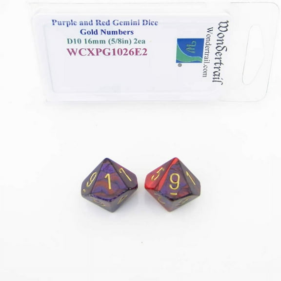 Purple and Red Gemini Dice with Gold Numbers D10 Aprox 16mm (5/8in) Pack of 2 Wondertrail