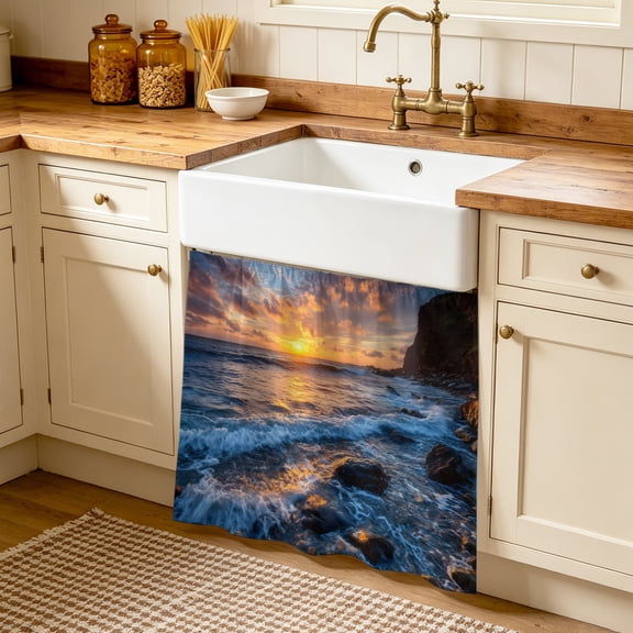 Beach Reef Cabinet Curtains 35"W x 35"L, Beach Sunset Ocean Waves Natural Scenery Sink Skirt for Bathroom Vanity Kitchen Self Adhesive, Dust-Proof Privacy Curtain for Shelves Closet Laundry Pantry