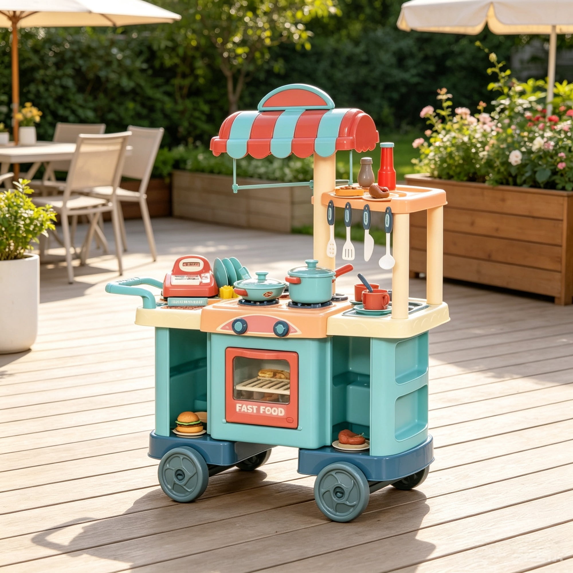 Kids Kitchen Food Stand with Play Food, Cashier Register, for 3-6Y Kids Grocery Store Pretend Play & Social Skill Training