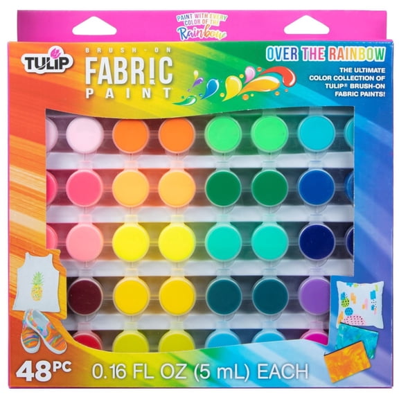 Tulip Brush-On Fabric Paint 48 Pieces, Over the Raibbow Mulit-color Premium Paint, Permanent Designs on Shirt, Deni, 48 0.16 fl oz pots in 23 colors