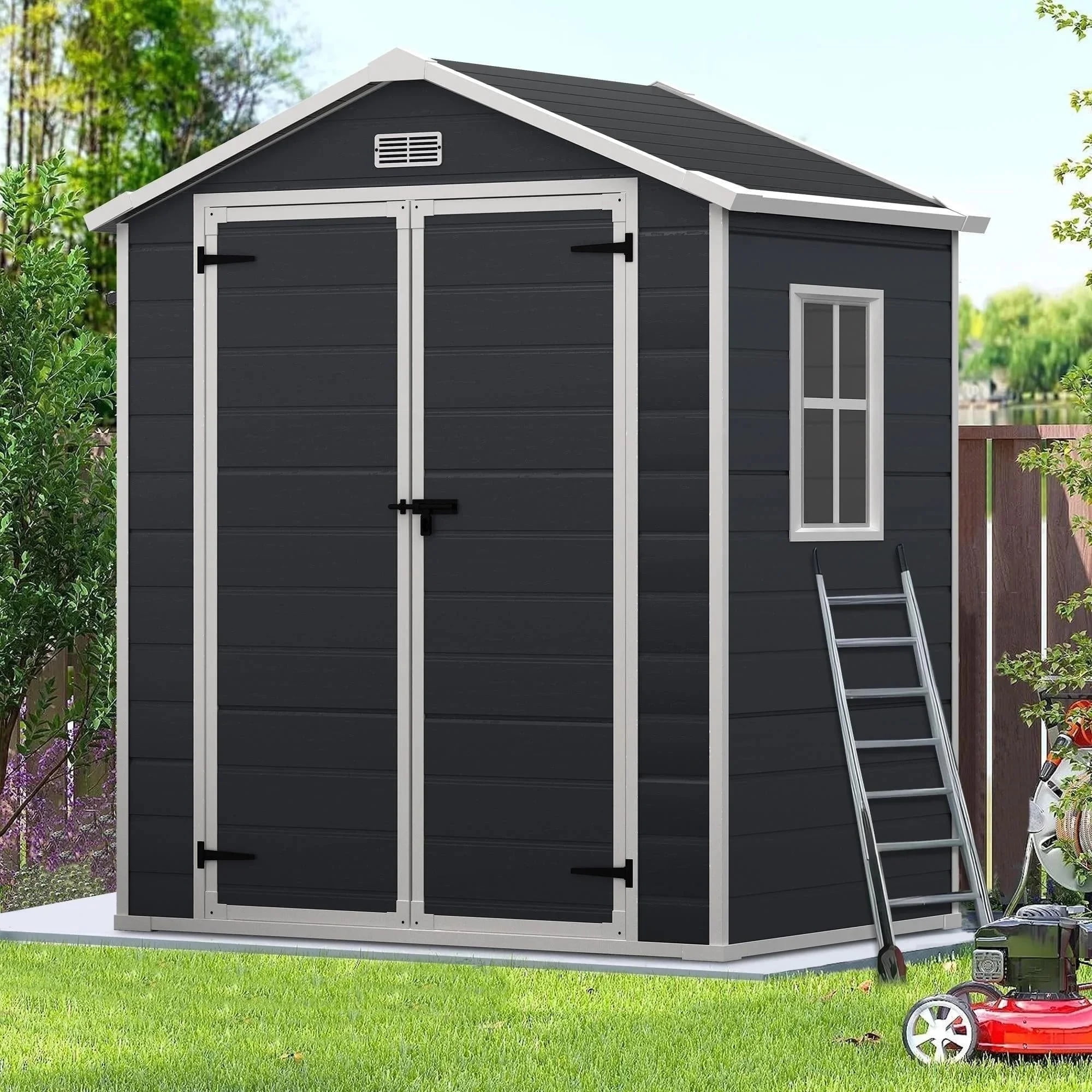 6x4 FT Resin Storage Shed, SESSLIFE Backyard Storage Sheds with Lockable Door, Garage Patio Garden Storage Shed, TE2770