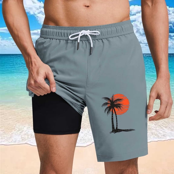 Fnnxeal Mens Swim Trunks Quick Dry, Navy Blue Beach Shorts with Liner & Pocket, Board Shorts Tropical Palm Tree Print Mens Swimwear,Size S