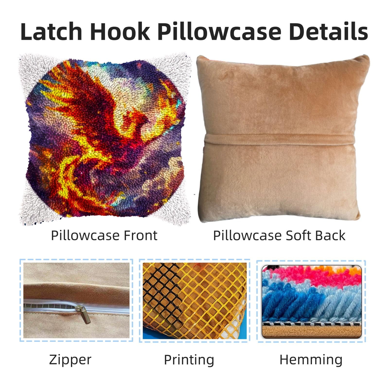 Red Bird Flying in Fire DIY Latch Hook Pillow Kits for Adults Printed Pillowcase Crochet Yarns Hooking Handmade Pillow Cover Cushion for Home Sofa Decoration 17x17inch(3)