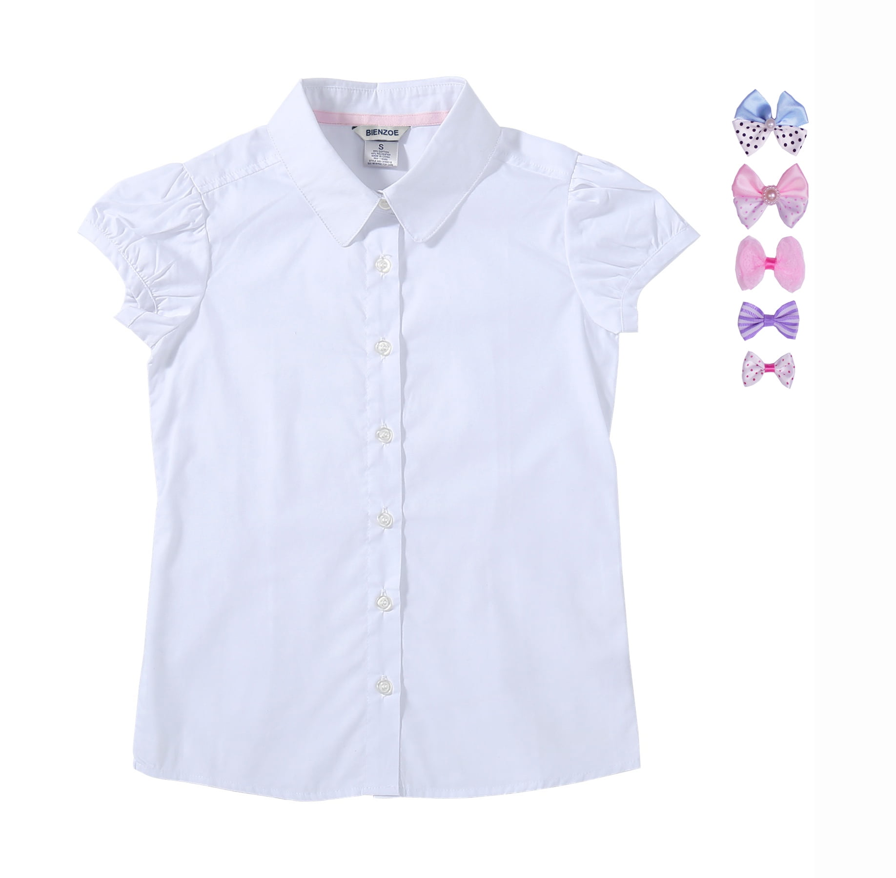 Bienzoe Girls School Uniform Oxford Short Sleeve Blouse Bowtie Pack White L