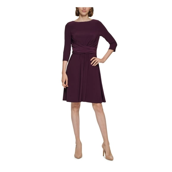 TOMMY HILFIGER Womens Purple Ruched Zippered Gathered Wrap-front Waist Lined 3/4 Sleeve Boat Neck Above The Knee Wear To Work Fit + Flare Dress 8