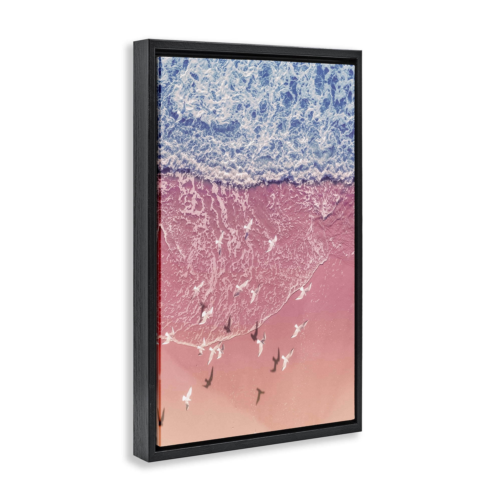 Stupell Industries Aerial Seagulls over Beach Landscape & Nature Photography Black Floater Framed Canvas Art Print Wall Art, 17 x 25