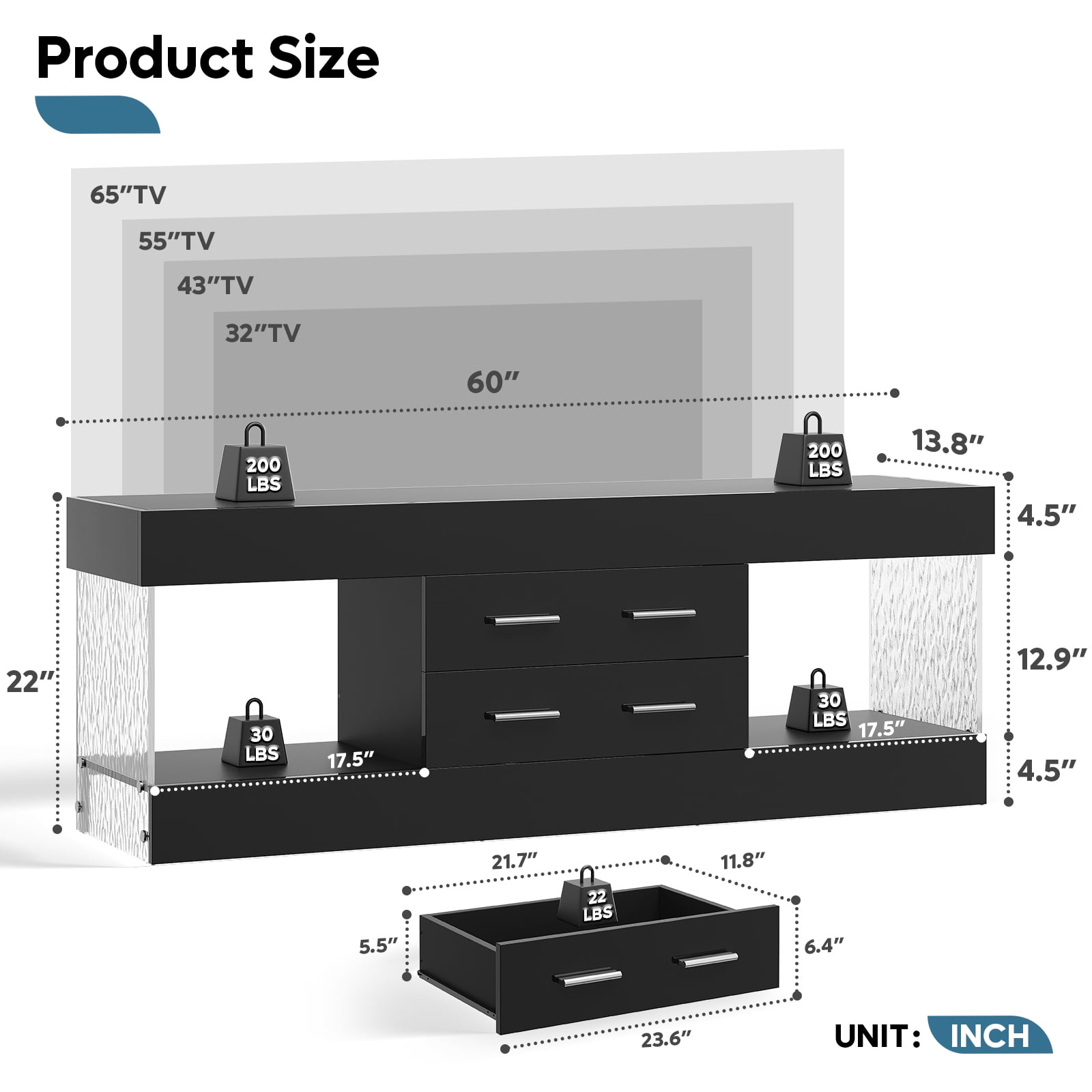 Bestier Black TV Stand for TVs up to 65", Modern High Gloss Entertainment Center for TVs with LED Light, TV Console Table with 2 Storage Drawers