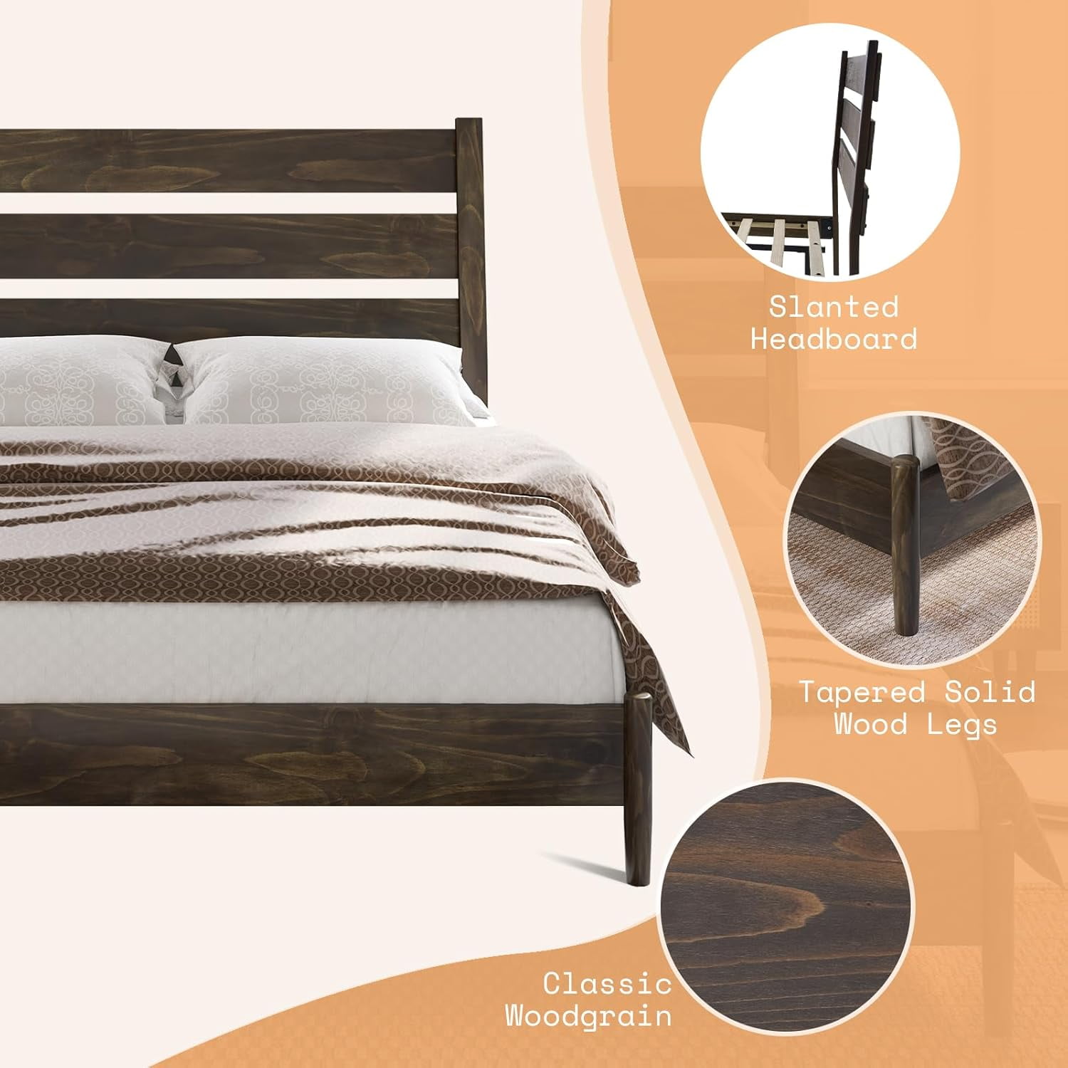 VanAcc Queen Size Solid Wood Bed Frame, Platform Beds with 45"H Headboard, Easy Assembly, Deep Brown