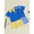 thumbnail image 3 of BemeyourBBs Toddler Baby Boy Back to School Outfit Kids Kindergarten Outfits Baby Boys Summer Clothes School Bus Embroidered Short Sleeve Zipper Lapel Shirt Tops and Plaid Pockets Shorts 2 Piece Set, 3 of 9