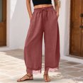 thumbnail image 3 of RFQWOVSR Women's High Waist Drawstring Wide Leg Linen Pants with Lace Trim Pockets Loose Fit Casual Summer Trousers M, 3 of 5