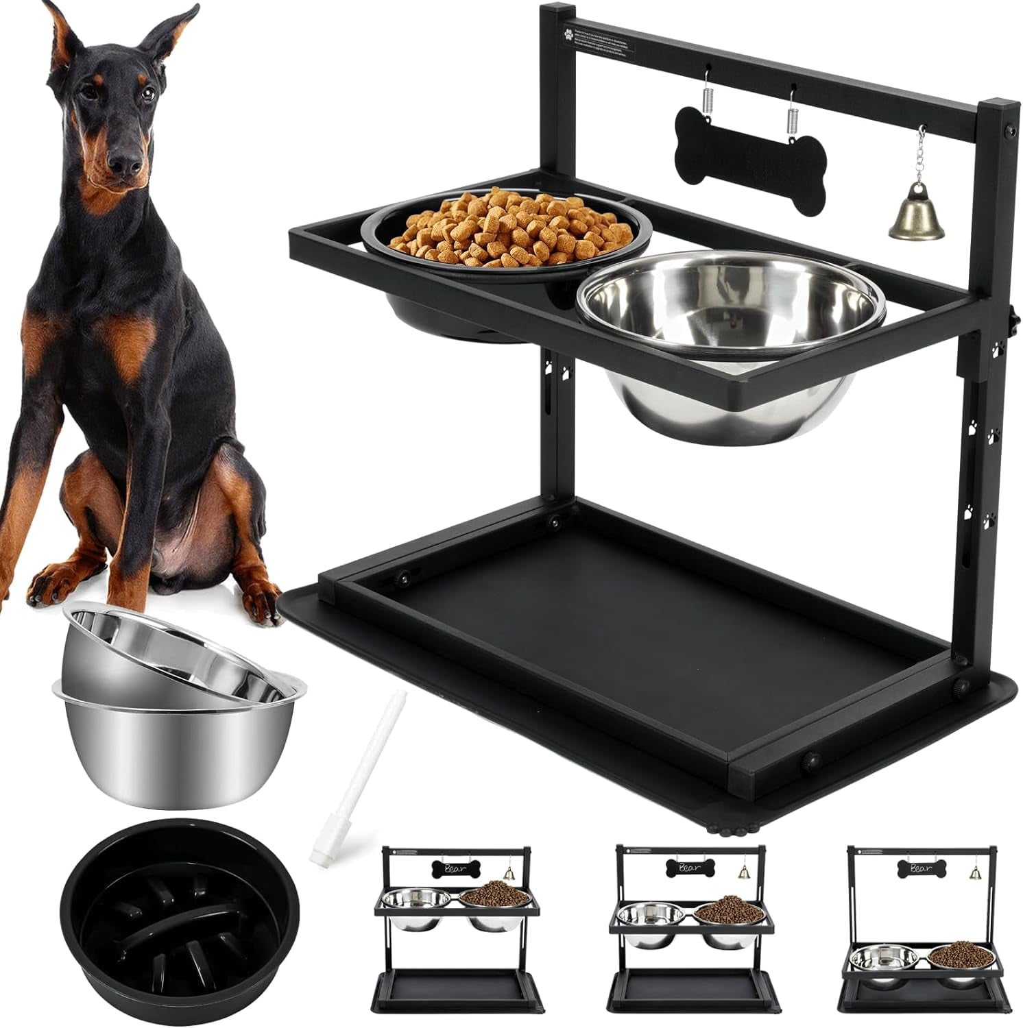 Elevated Dog Bowl Stand with 4 Stainless Steel Bowls (58oz) & 1 Slow Feeder, 9 Height Adjustable Raised Dog Bowl from 4.9" to 14.5" for Large Dogs & Multi-Pet Homes