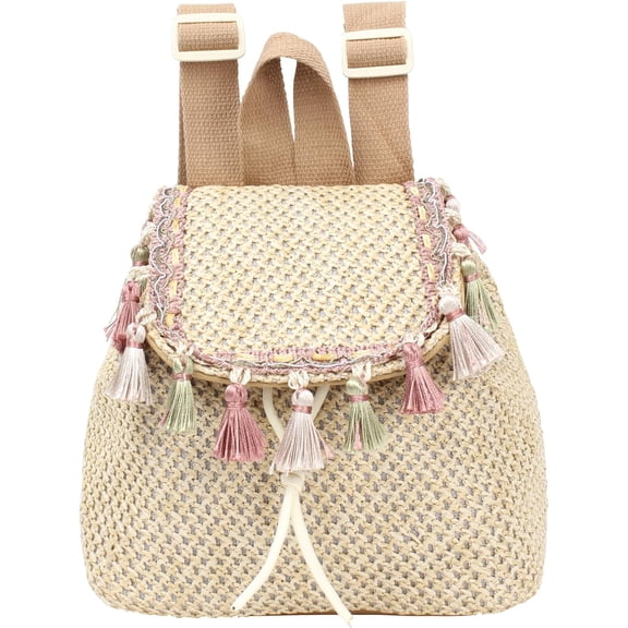 Women Small Tassels Straw Woven Backpack Flap Drawstring Bucket Bag