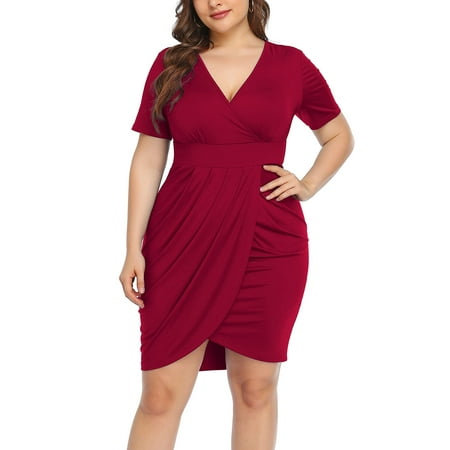 

POSESHE Women s Plus Size Short Sleeve Deep V Neck Body Wrap Dress Front Slit Gown Dress