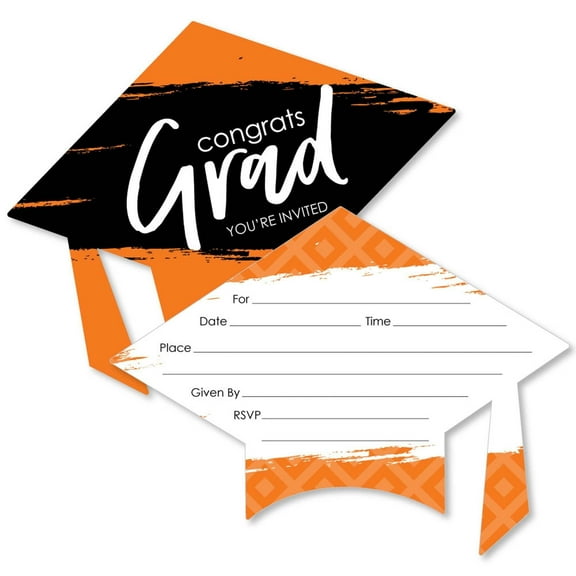 Big Dot of Happiness Orange Graduation Party Invitations - Shaped Fill-In Invite Cards with Envelopes - Set of 12
