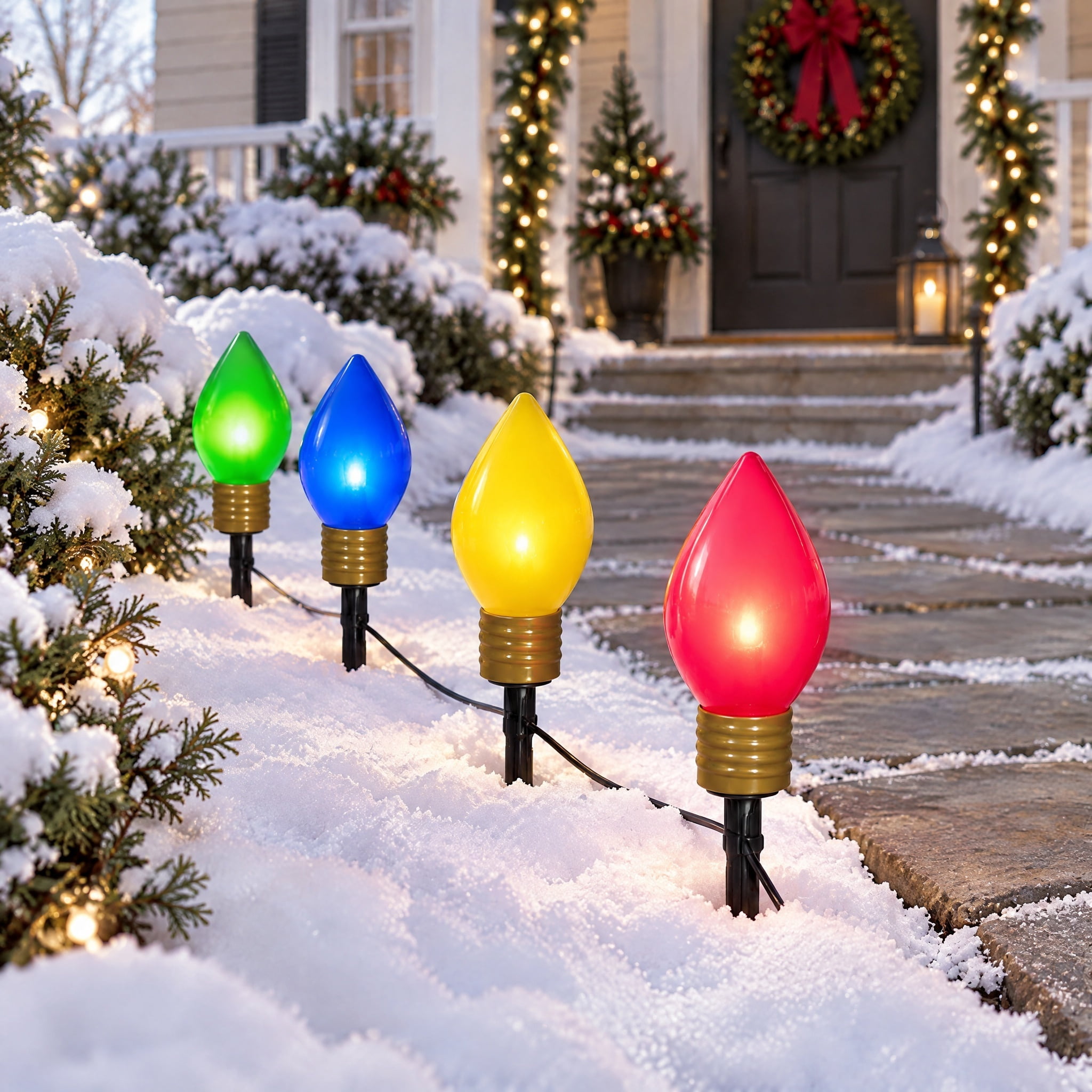 Indoor/Outdoor Jumbo LED C9 Christmas Bulb Pathway Lights, Ceramic Multicolor, Set of 4, by Holiday Time