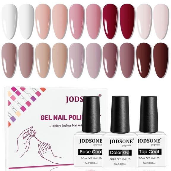 JODSONE 10 Color Gel Nail Polish Set, Includes Base and Top Coat, White Pink Purple Red Gel Polish, Suitable for All Seasons, Gift for Women