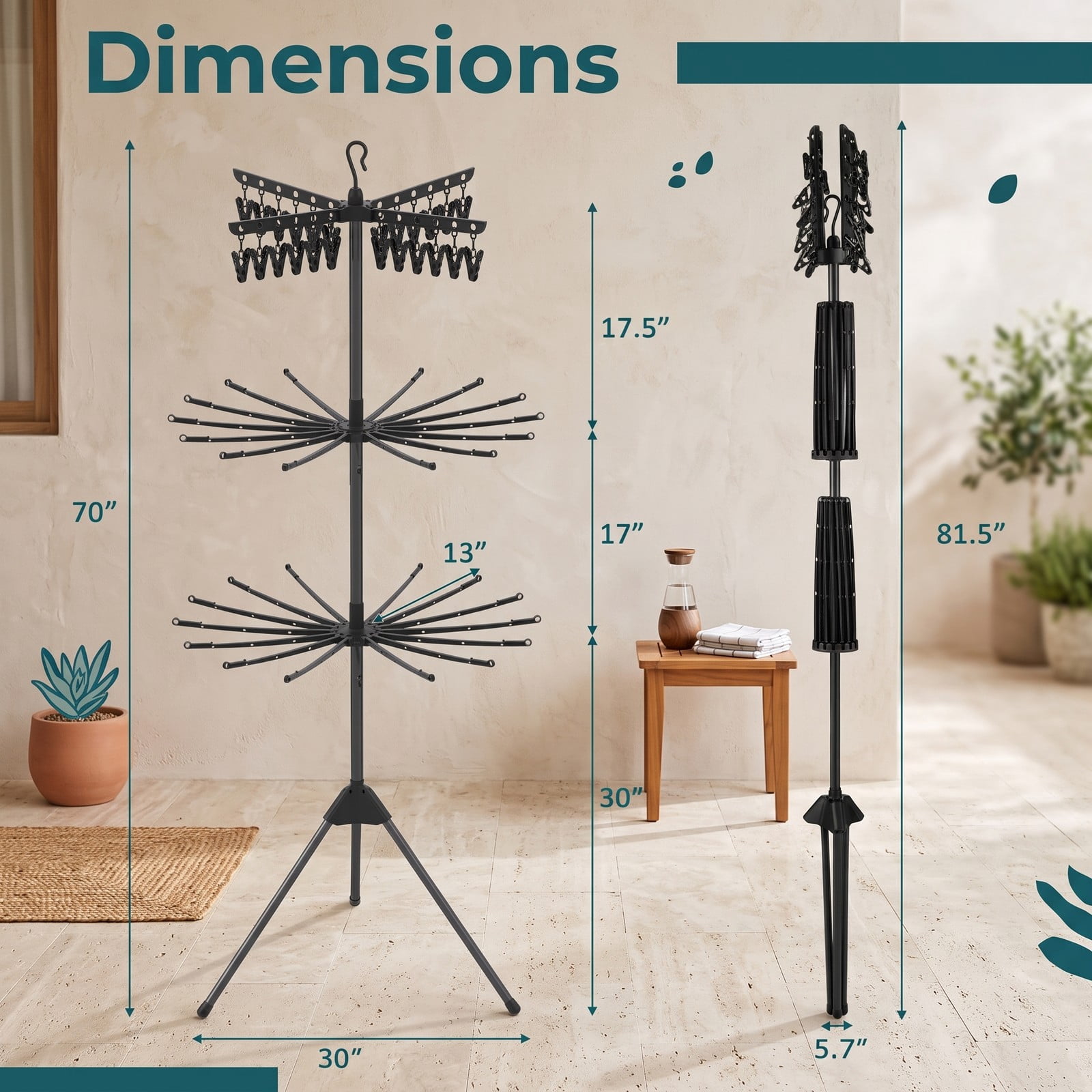 ALPULON 3-Tier Tripod Freestanding Folding Clothes Drying Rack with 24 Clips, 360 Rotating Arms, Detachable Top Hook, Windproof Buckles, Space-Saving Laundry, Black