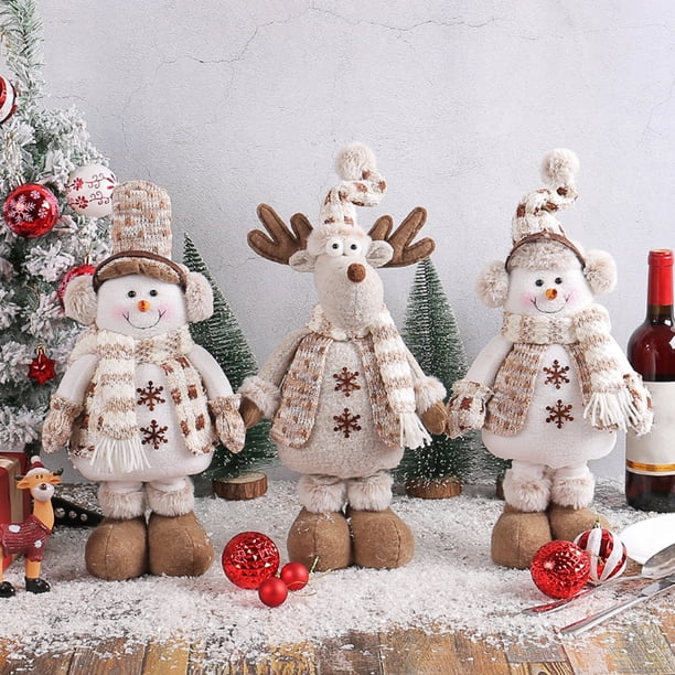 SUSUchens Muñeco de nieve navideño de patas largas retráctiles, bufanda tejida a mano, orejeras de felpa, adorno de alce de escritorio para Navidad, regalo festivo para vacaciones, estilo A