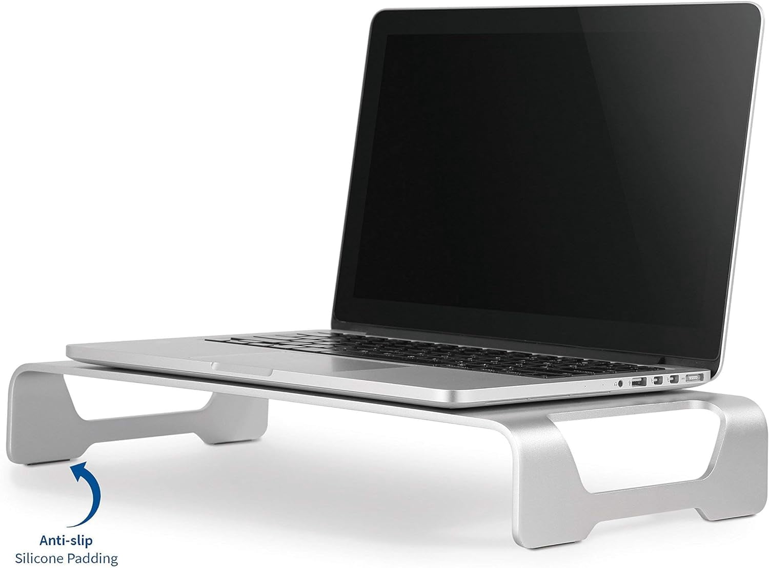 Silver Aluminum 16 inch Wide Monitor Riser, Ergonomic Desktop Stand, Modern Tabletop Organizer