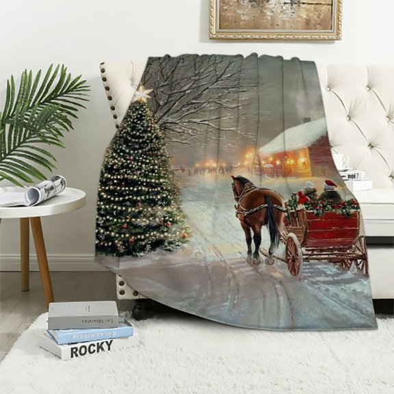 Pratyus Horse Sleigh Christmas Flannel Throw Blanket for Couch Sofa Bed All Seasons Decor 40x50in