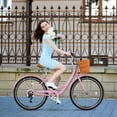 thumbnail image 3 of Lilypelle 24/26inch City Cruiser Bicycle for Women, 7 Speed Step Through Adult Commute Bike with Basket & Rack，Pink, 3 of 13