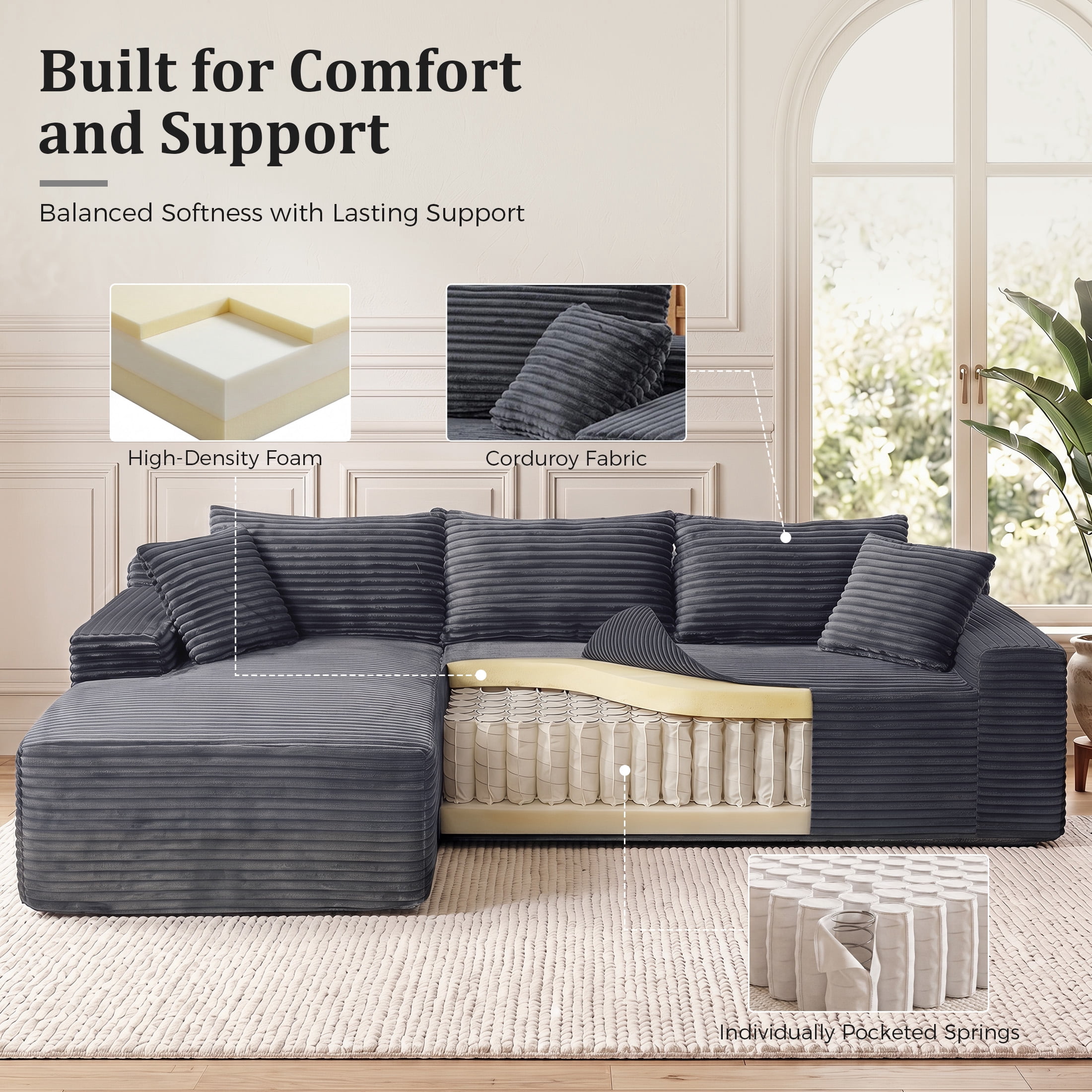 Aenkyo 95 Inch Corduroy L-Shaped Modular Sectional Sofa, Left Chaise, Gray