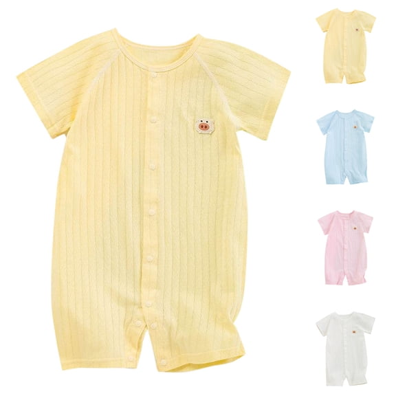 One Piece Romper For Toddler Boys Girls Crew Neck Short Sleeve Ribbed Print Jumpsuit Summer Comfy Cute Outfits (12 Months, Yellow)