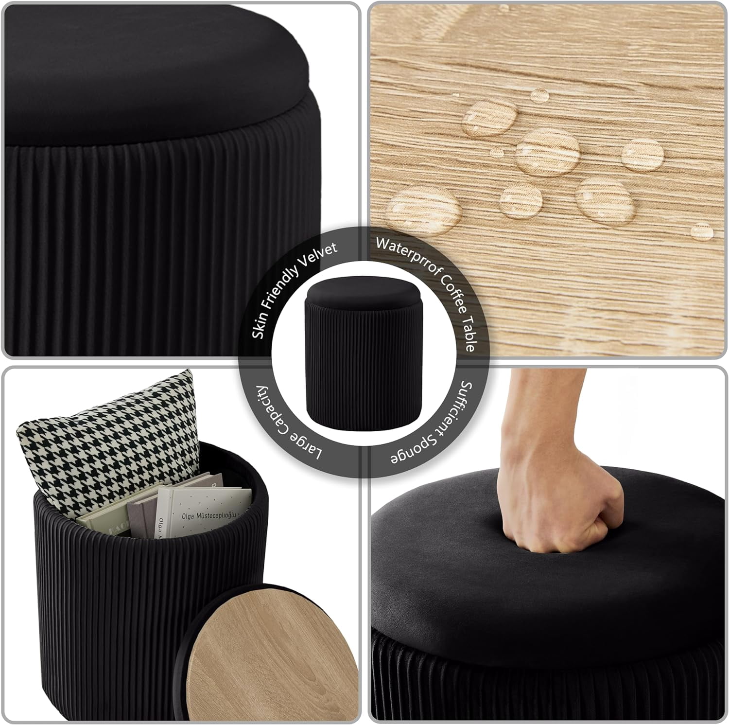 Round Ottoman with Storage Set of 2 Upholstered Velvet Vanity Stool for Makeup Lines Support 302lbs Ottomans Multifunctional Foot Rest Coffee Table Padded Seat for Living Room&Bedroom