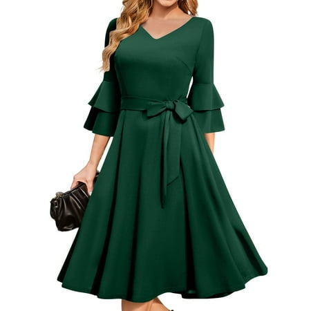 Linen Dress  Formal Wedding Guest Elegant Bell Sleeve Cocktail Party Church Midi Evening Dress Womens Shoes Casual Semi Dresses Try Before You Buy Dresses Gothic Dresses (L  Dark Green) ZMTing