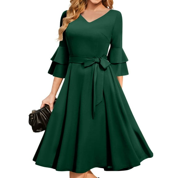 Linen Dress, Formal Wedding Guest Elegant Bell Sleeve Cocktail Party Church Midi Evening Dress Womens Shoes Casual Semi Dresses Try Before You Buy Dresses Gothic Dresses (L, Dark Green) ZMTing