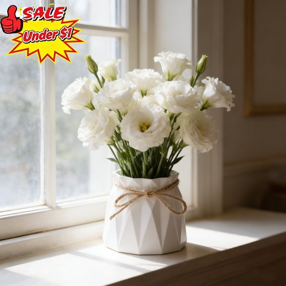 Qocolcyl Under $1 4 Inch Geometric Plastic Decorative Vase with Jute Rope, Faux Ceramic Modern European Flower Pot, Shatterproof Table Centerpiece for Living Room Office Home Decor,White