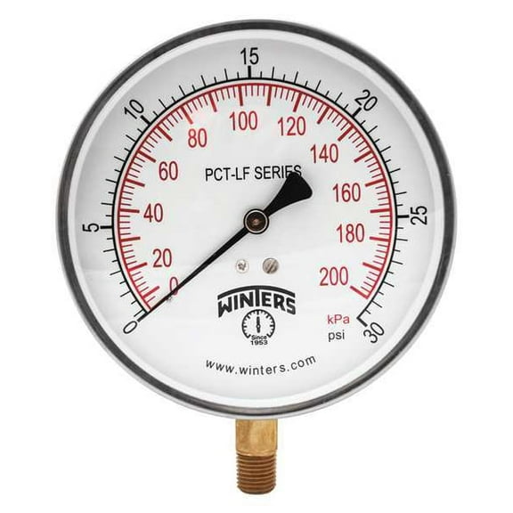Pressure Gauge, 0 to 30 psi, 4 1/2 in Dial, 1/4 in NPT Bottom Location