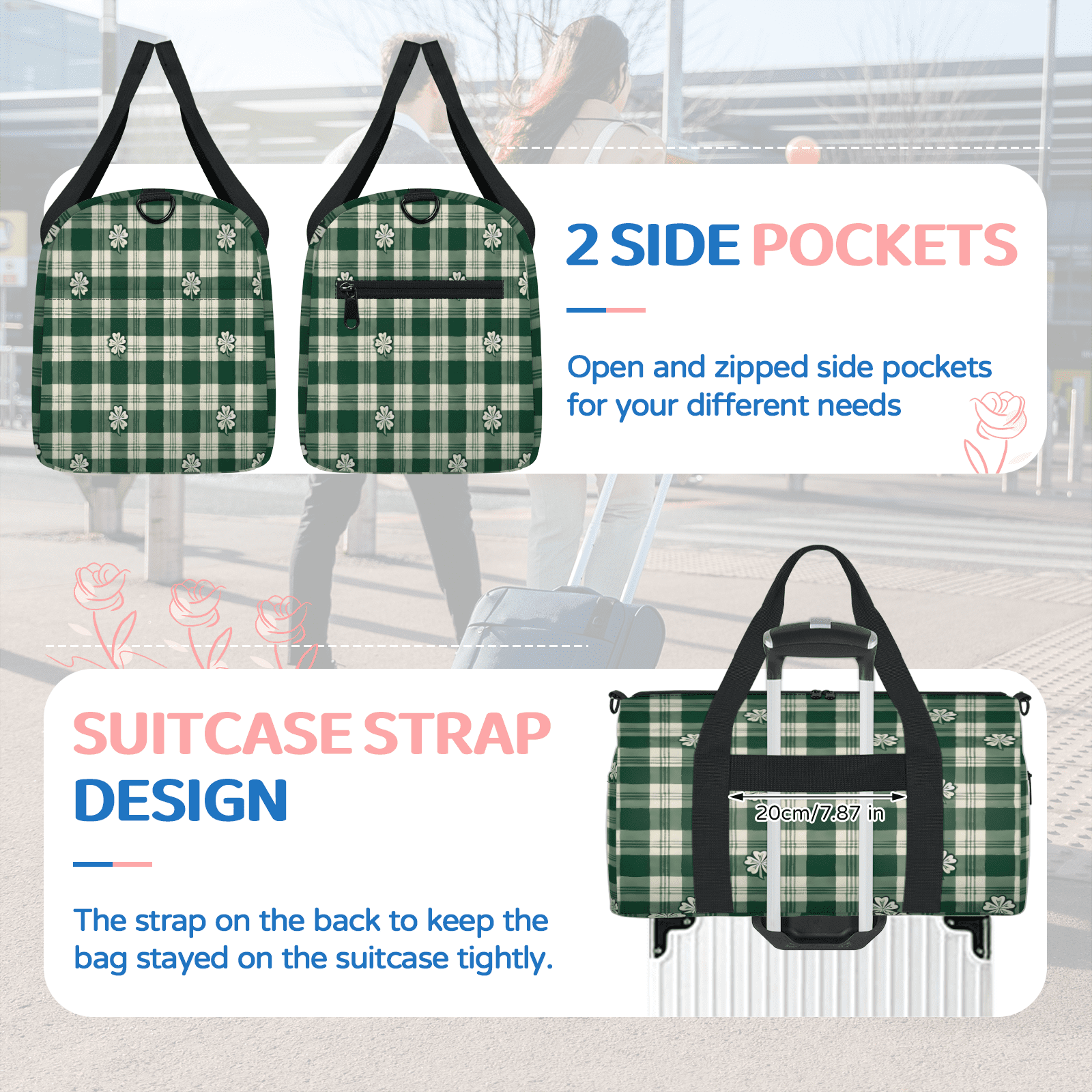 Herdesigns St. Patrick's Day Clover Shamrock Irish Gym Bag for Women, Duffle Bag for Travel Sport, Lightweight Waterproof Carry on Weekender Overnight Dance Yoga Workout Bags