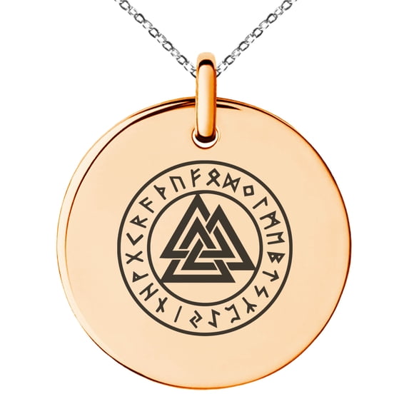 Stainless Steel Norse Valknut Knot Viking Engraved Small Medallion Circle Charm Pendant Necklace