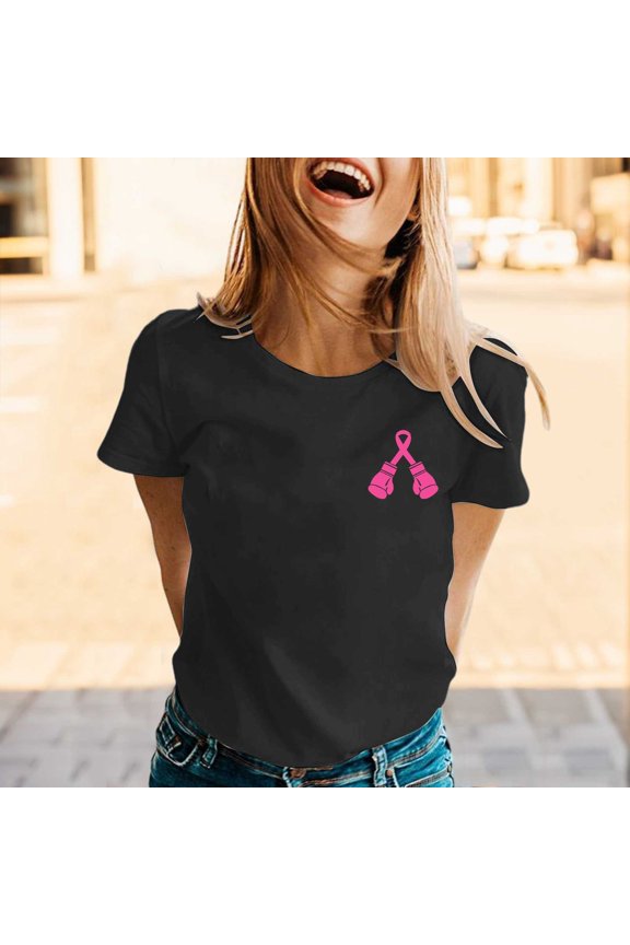 Tshirt Women Cancer Awareness Print Round Neck Short Sleeve Top Strong Power Women Blouses Black L