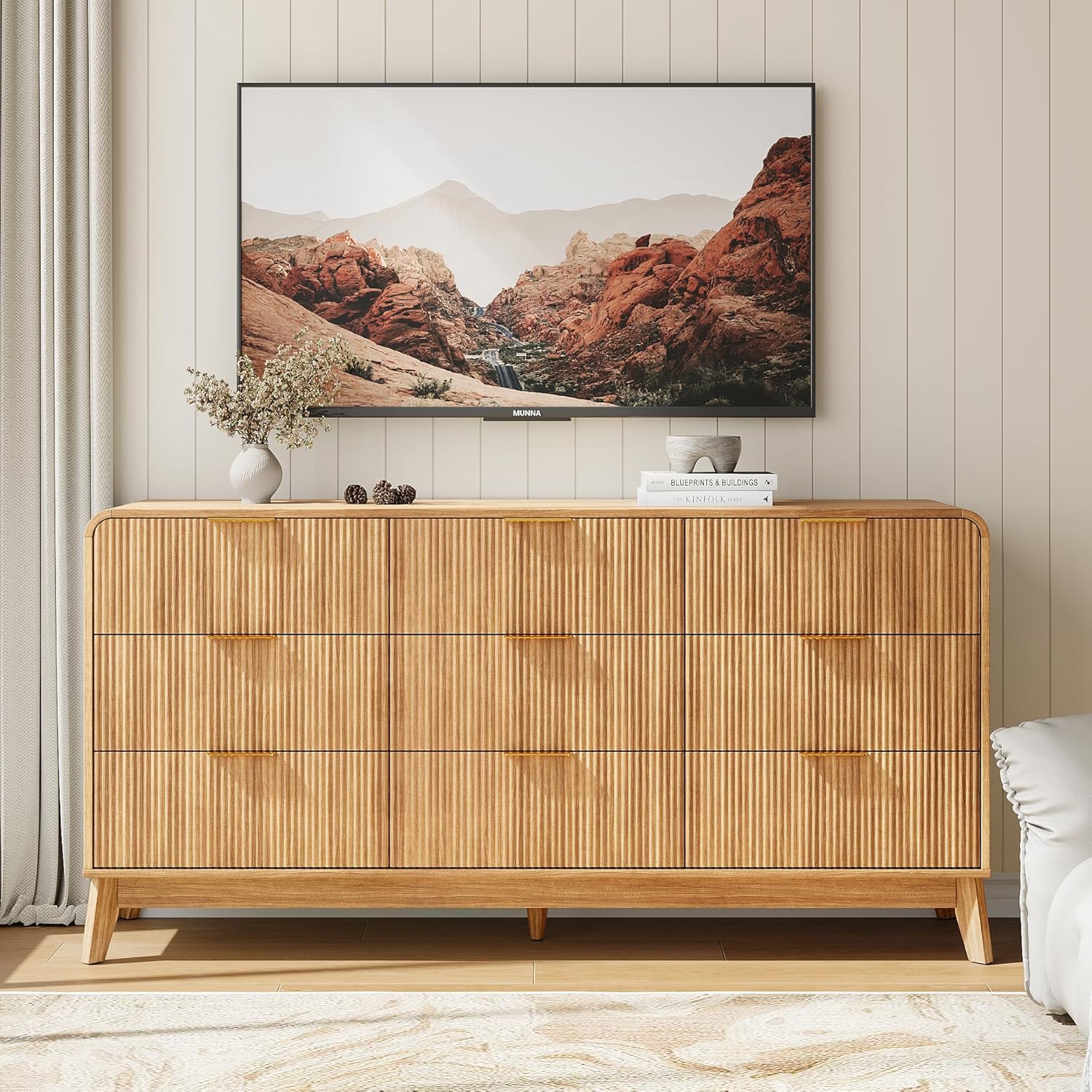Akaber Modern Dresser, Fluted 9-Drawer Chest of Drawers for Bedroom, 48" Wide Handleless Wooden Dresser TV Stand for Living Room Entryway