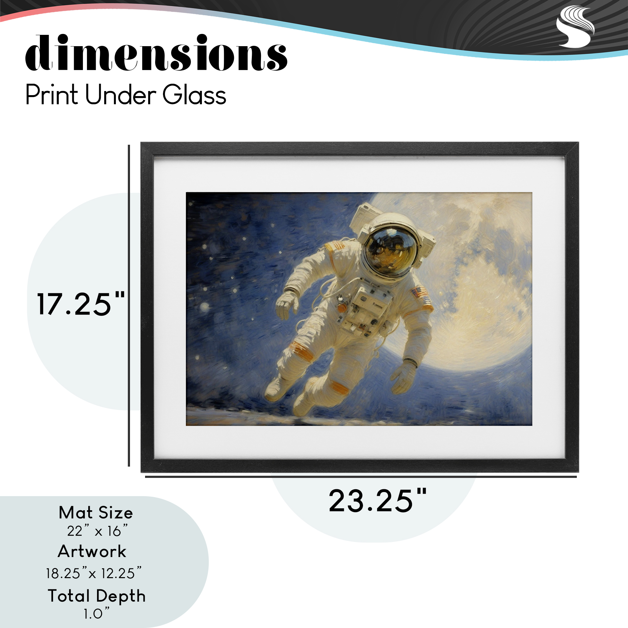 Astronaut in Vast Galaxy Black Framed Print Under Glass, design by Angie Hawke