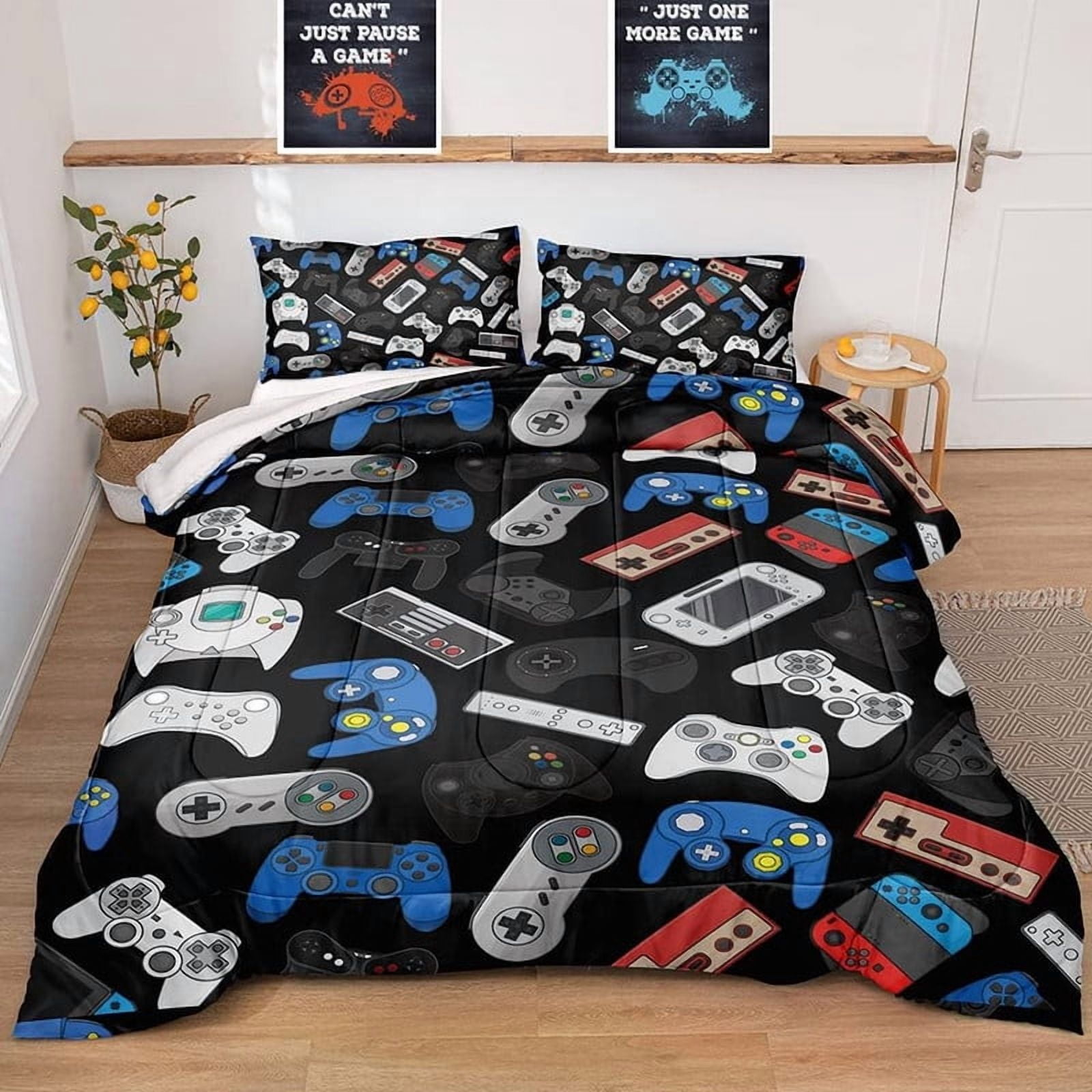 Twin Size Gaming Bedding Set - Soft Microfiber Comforter with Controller & Button Design - for Kids, Teens, Adults - Includes Pillow Sham - Gamer Room Decor