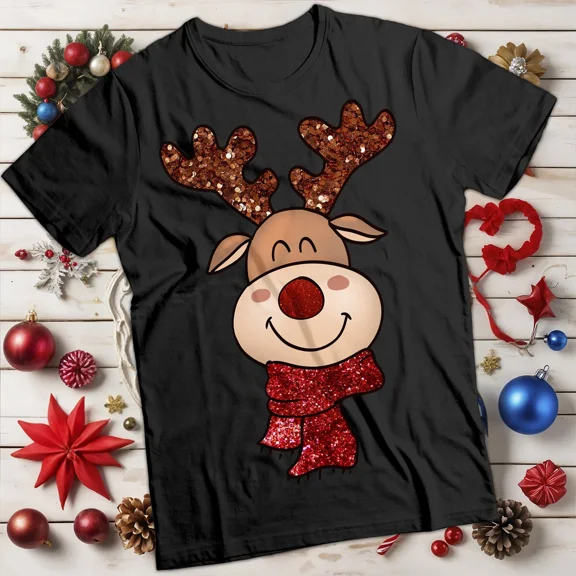 Reindeer Sparkling Glitter Funny Christmas Holiday Unisex T-Shirt, up to size 5XL