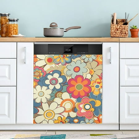 

Retro Hand Drawn Colorful Florals Dishwasher Magnet Refrigerator Magnetic Cover Washing Machine Magnet Sticker Kitchen Decor