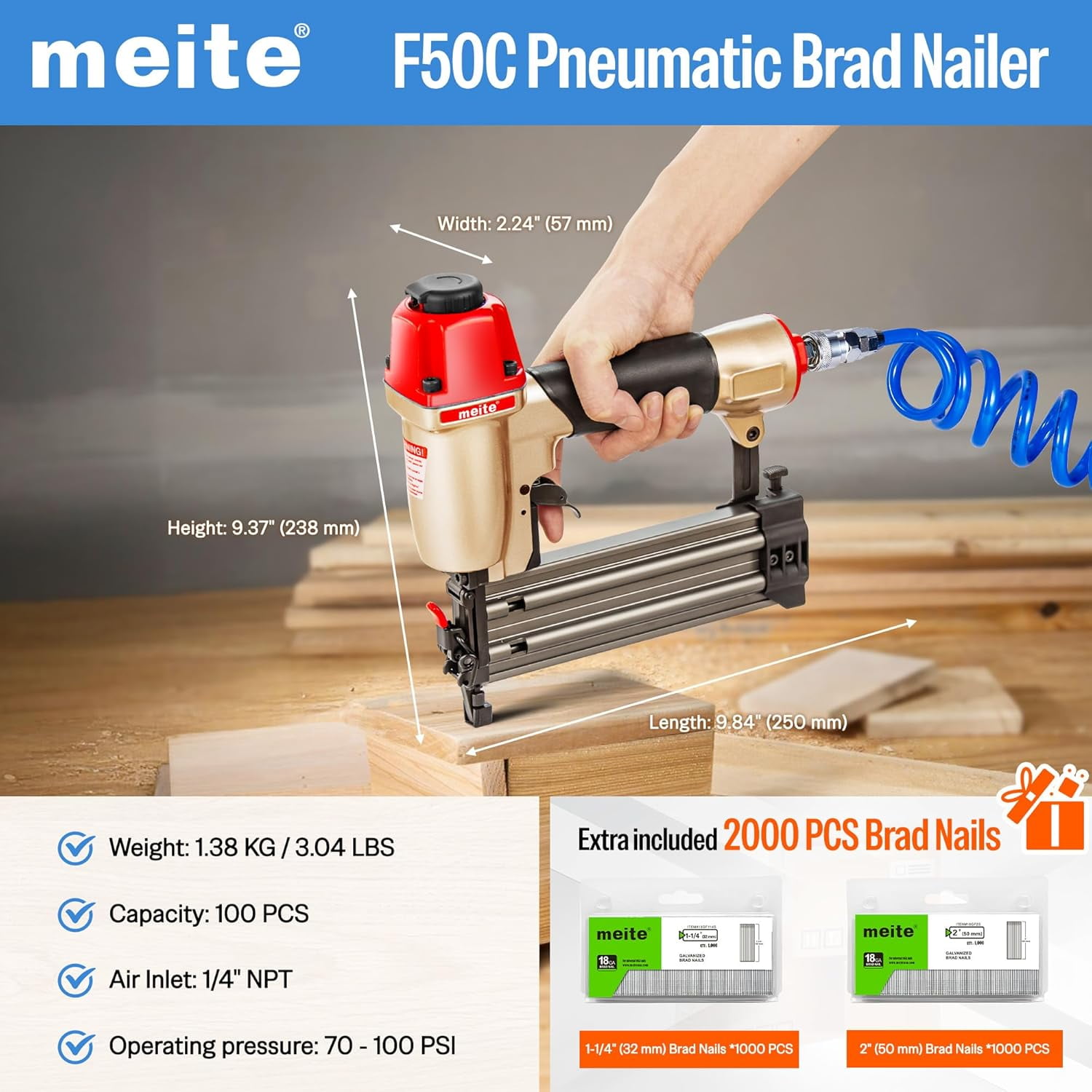 Meite 18Ga Pneumatic Nailer Brad Finish Gun for Window Door Installations Home Furniture Wood Working with free nails