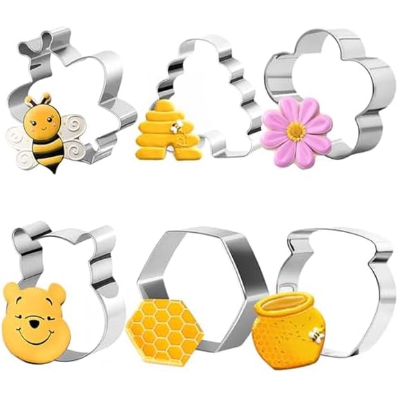 6Pack Bee Cookie Cutters Set, Beehive, Honey Jar, Winnie the Pooh, Flower Shapes, for Biscuit Molds, Baking, Birthday Decoration