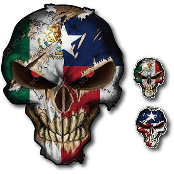 Texas Mexico Skull Decal with Reflective eyes– Premium Skull Stickers for Trucks and Cars – Mexican Texas Flag Stickers