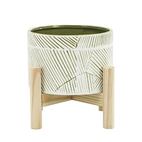 Sagebrook Home 15071-03 6" CERAMIC PLANTER W/ WOOD STAND, GREEN MIX