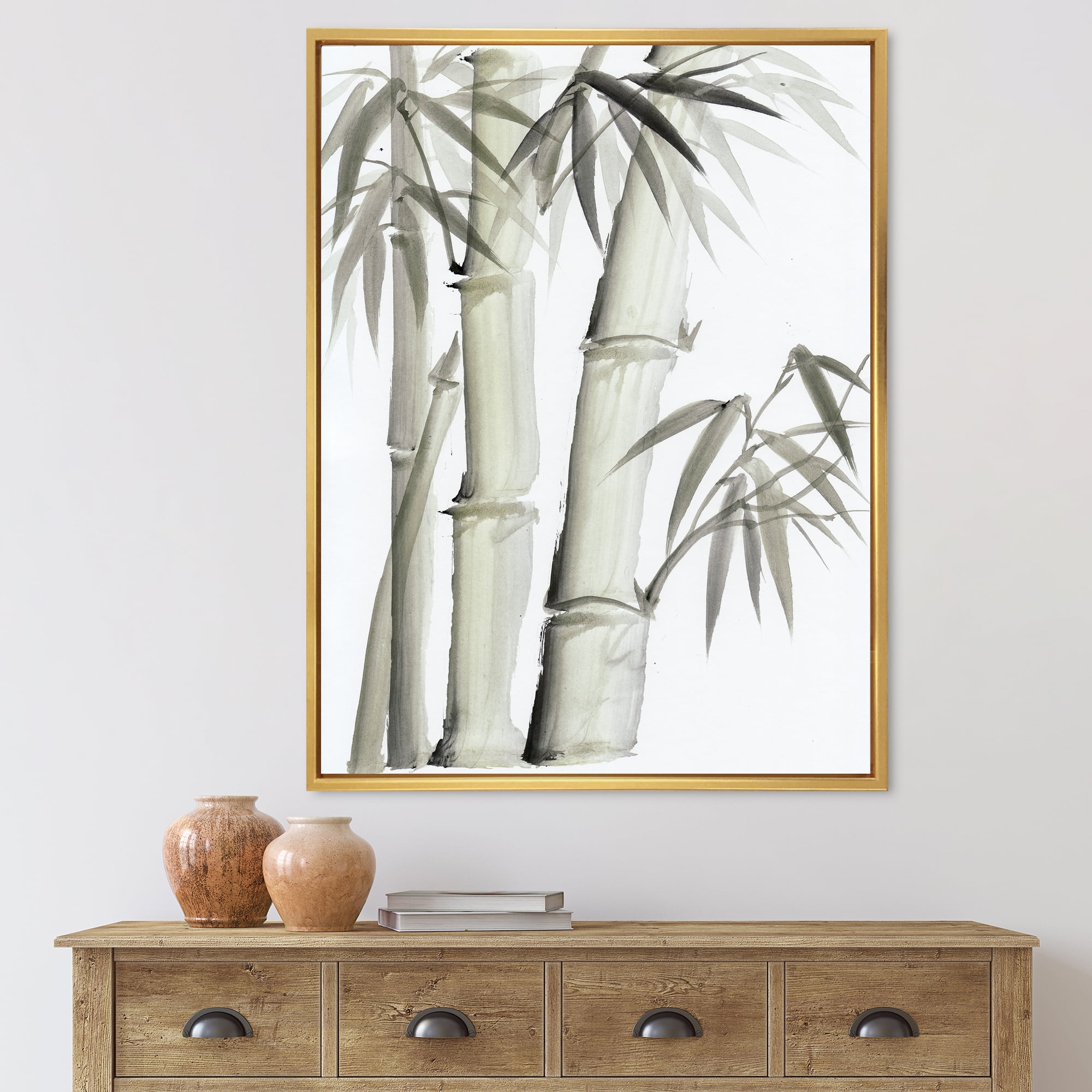 Designart 'Vintage Black and White Bamboo V' Lake House Framed Canvas Wall Art Print