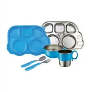 Innobaby Din Din Smart Stainless Steel Dinnerware Gift Set (Divided Plate, Sectional Lid, Cup, Bowl and Utensil Set) for Babies, Toddlers and Kids. BPA free, Blue